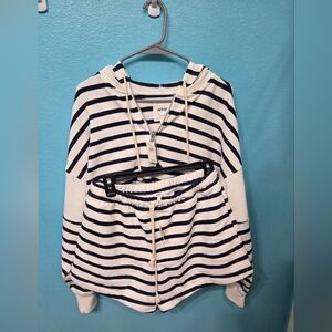 Aerie Navy and White Striped Zip-Up Cropped Hoodie With Matching Shorts